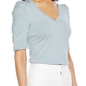 Ryegrass Sky Blue V-Neck Ruched Sleeve Top